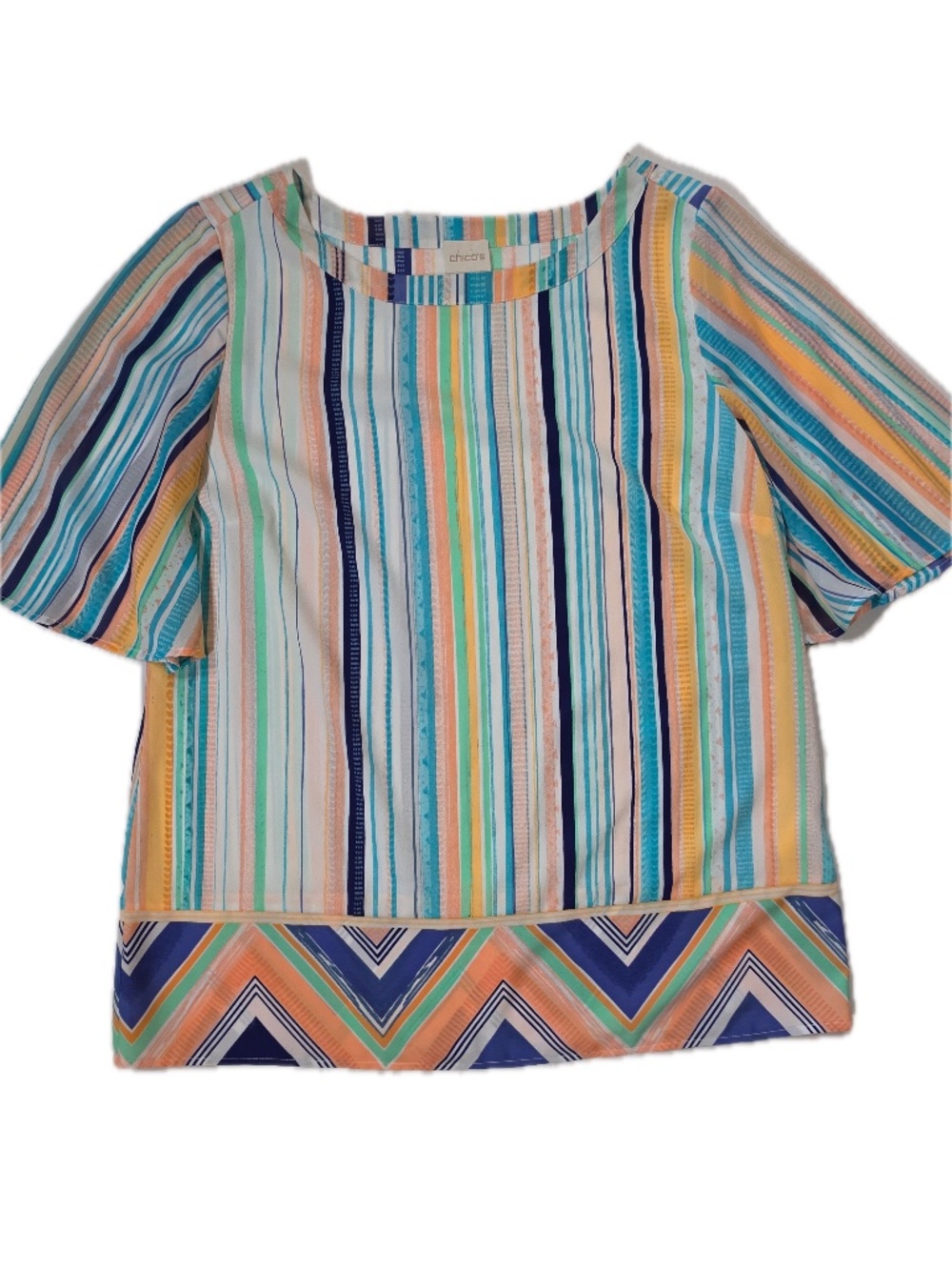 Chico's Blouse Womens 0 Multicolor Striped Round Neck Short Sleeve Polyester
